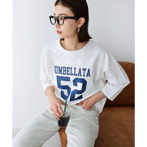 七分袖棉質數字Logo印花T_米白