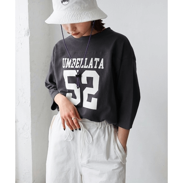 七分袖棉質數字Logo印花T_炭灰