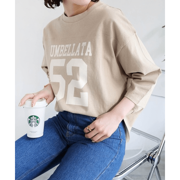 七分袖棉質數字Logo印花T_褐色