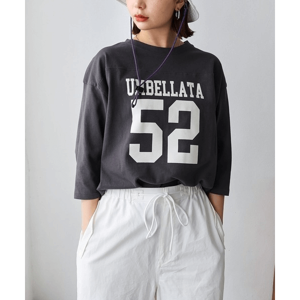 七分袖棉質數字Logo印花T_炭灰