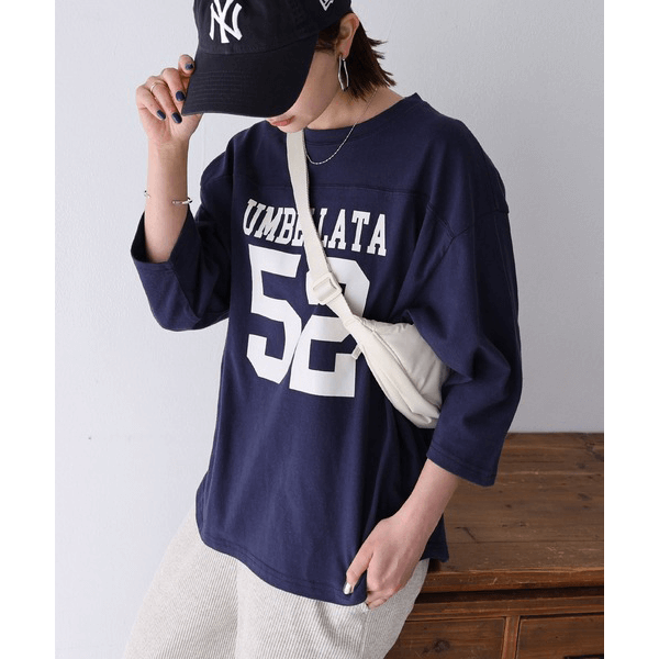 七分袖棉質數字Logo印花T_海軍藍