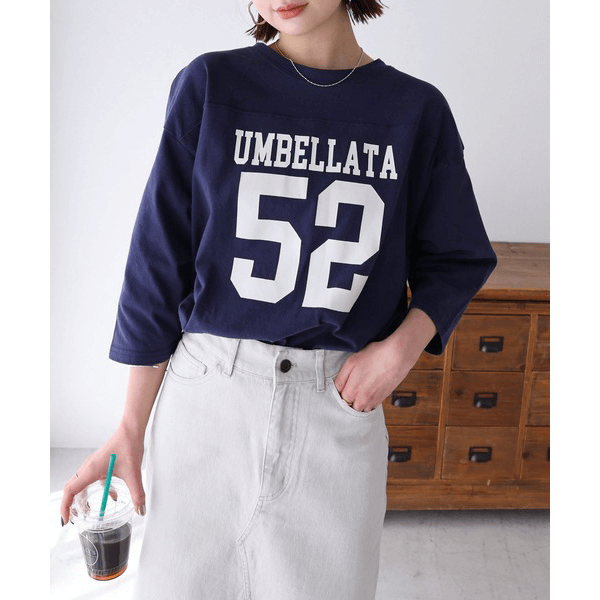 七分袖棉質數字Logo印花T_海軍藍