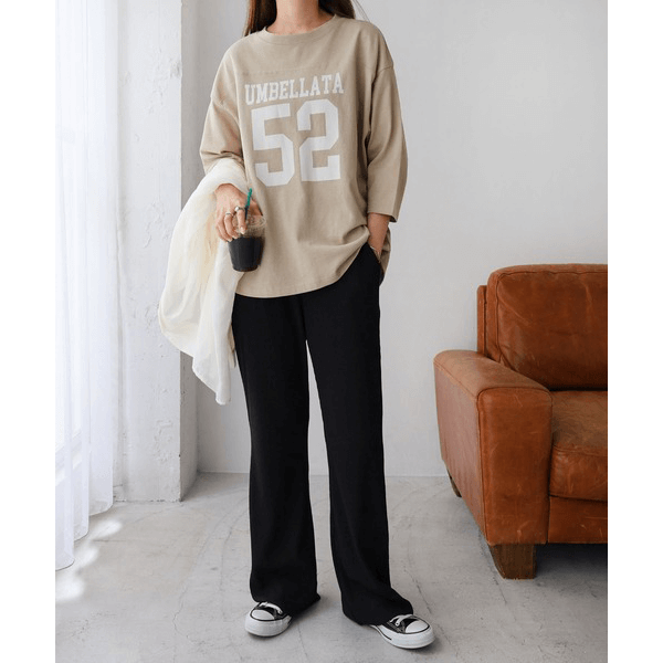 七分袖棉質數字Logo印花T_褐色