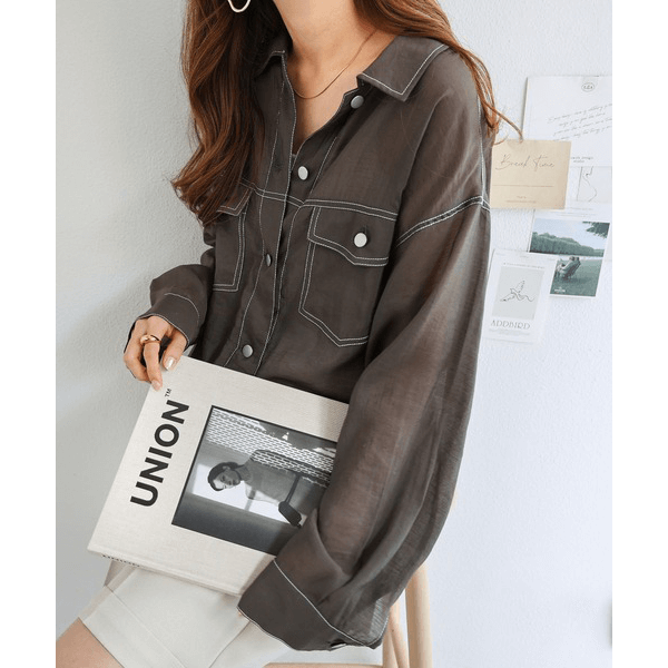 男友風寬鬆牛仔透膚襯衫_灰