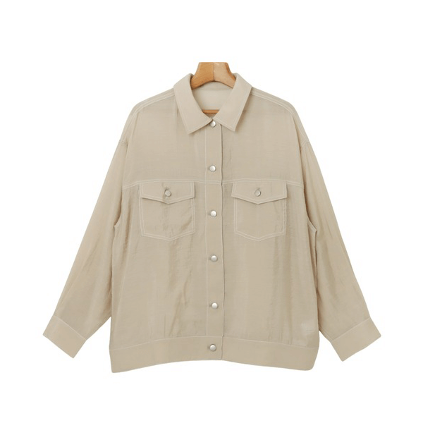 男友風寬鬆牛仔透膚襯衫_米色