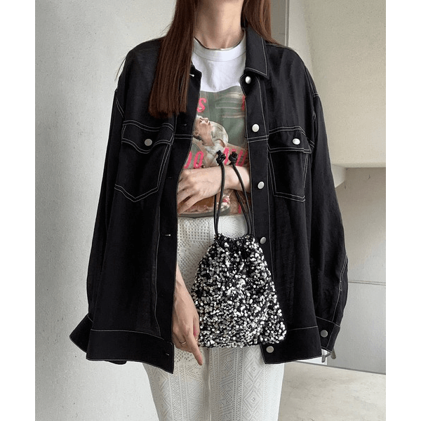 男友風寬鬆牛仔透膚襯衫_黑