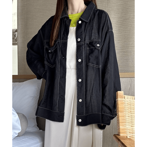 男友風寬鬆牛仔透膚襯衫_黑