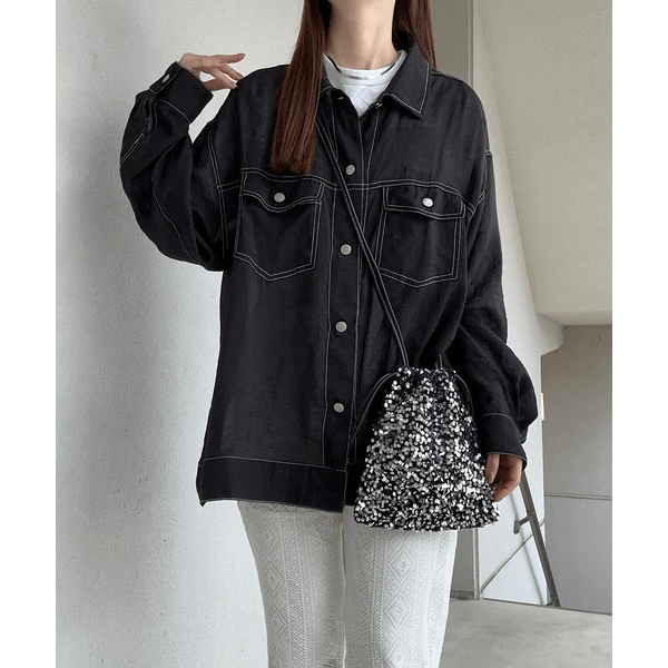 男友風寬鬆牛仔透膚襯衫_黑