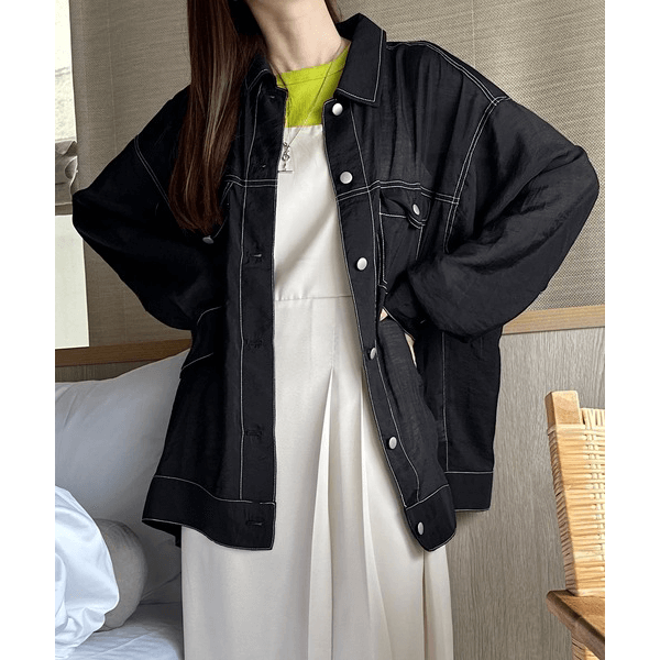 男友風寬鬆牛仔透膚襯衫_黑