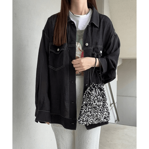 男友風寬鬆牛仔透膚襯衫_黑