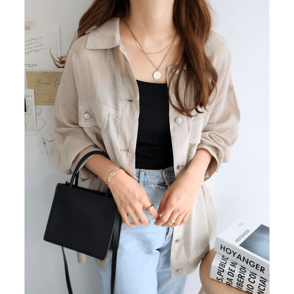 男友風寬鬆牛仔透膚襯衫_米色