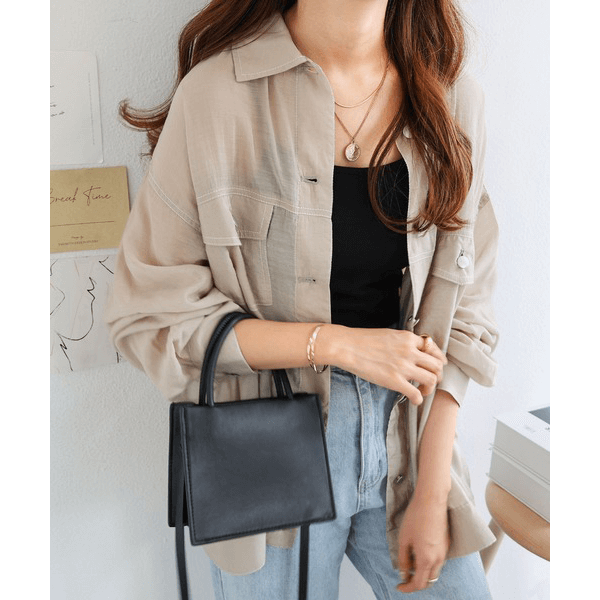 男友風寬鬆牛仔透膚襯衫_米色