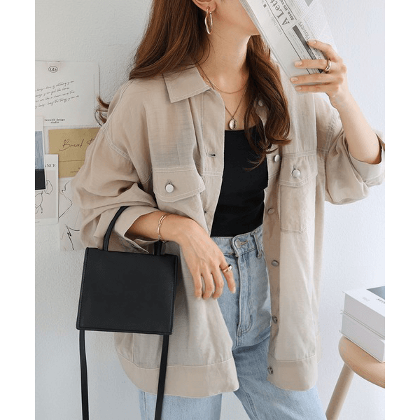 男友風寬鬆牛仔透膚襯衫_米色