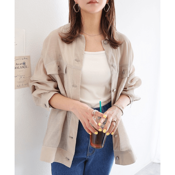 男友風寬鬆牛仔透膚襯衫_米色