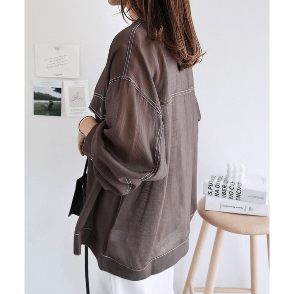 男友風寬鬆牛仔透膚襯衫_灰