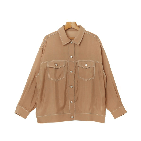 男友風寬鬆牛仔透膚襯衫_褐色