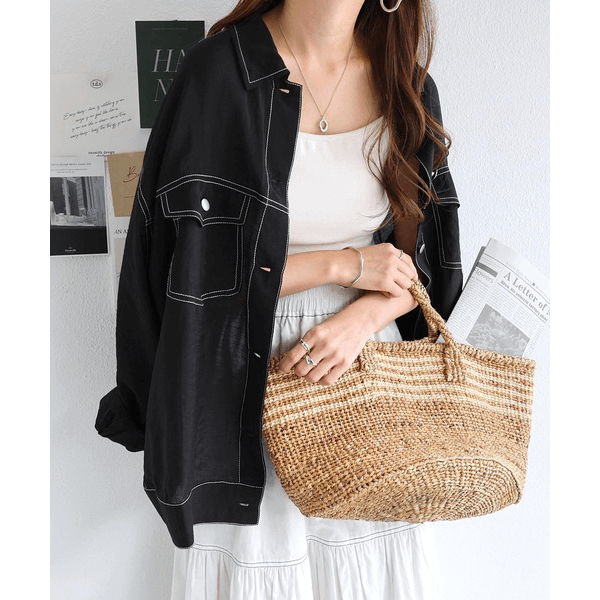 男友風寬鬆牛仔透膚襯衫_黑