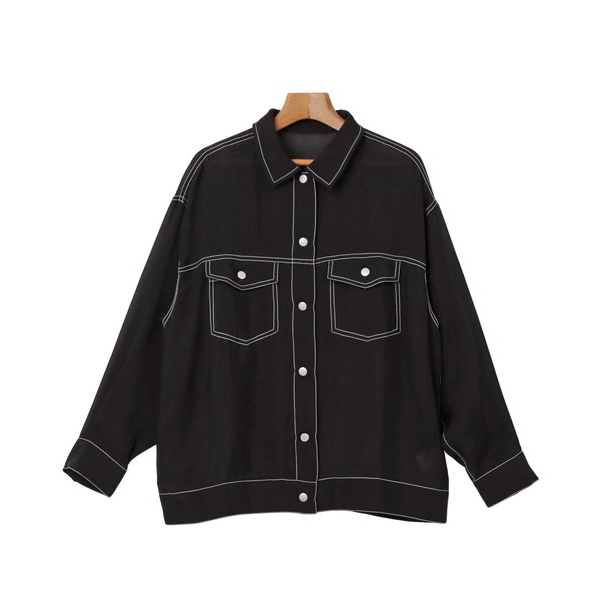 男友風寬鬆牛仔透膚襯衫_黑