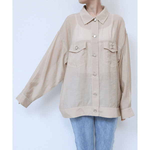 男友風寬鬆牛仔透膚襯衫_米色