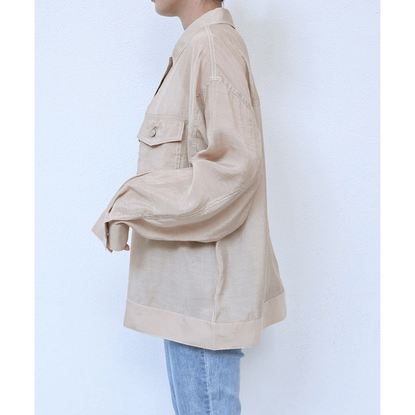 男友風寬鬆牛仔透膚襯衫_米色