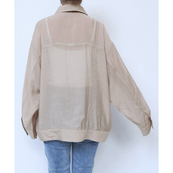 男友風寬鬆牛仔透膚襯衫_米色