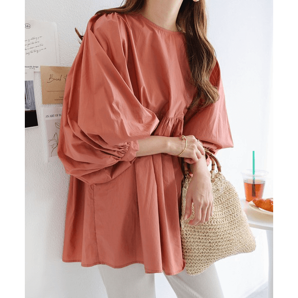 燈籠袖抓皺下襬設計上衣_粉紅