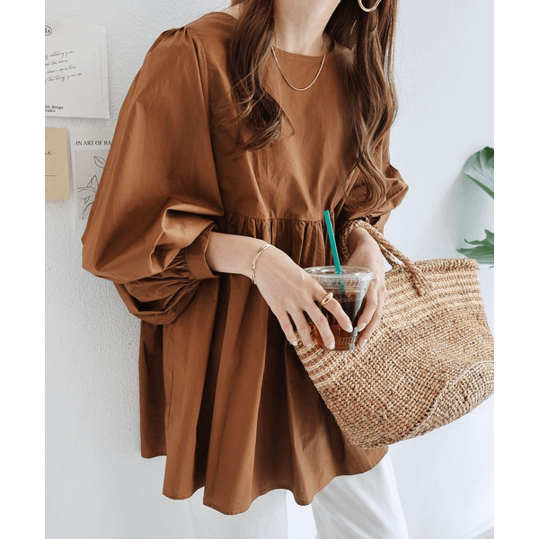 燈籠袖抓皺下襬設計上衣_褐色