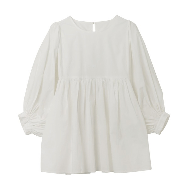 燈籠袖抓皺下襬設計上衣_米白