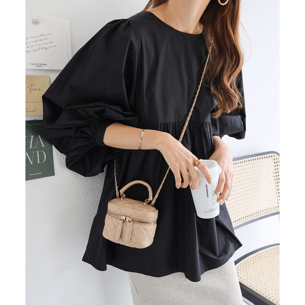 燈籠袖抓皺下襬設計上衣_黑