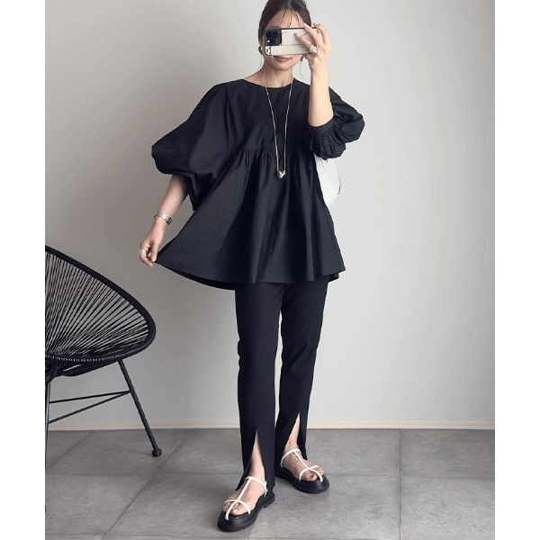 燈籠袖抓皺下襬設計上衣_黑