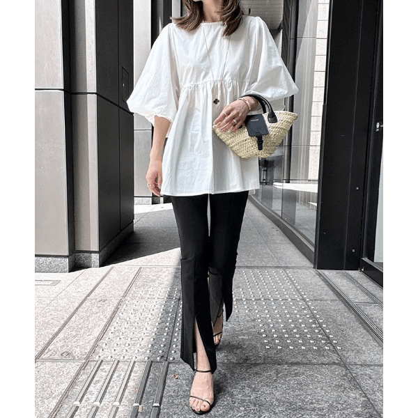 燈籠袖抓皺下襬設計上衣_米白