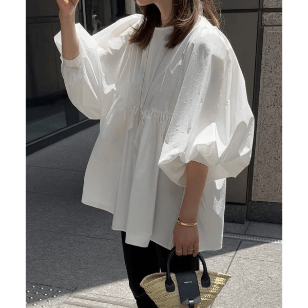 燈籠袖抓皺下襬設計上衣_米白