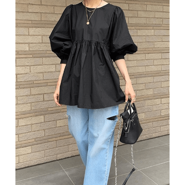 燈籠袖抓皺下襬設計上衣_黑