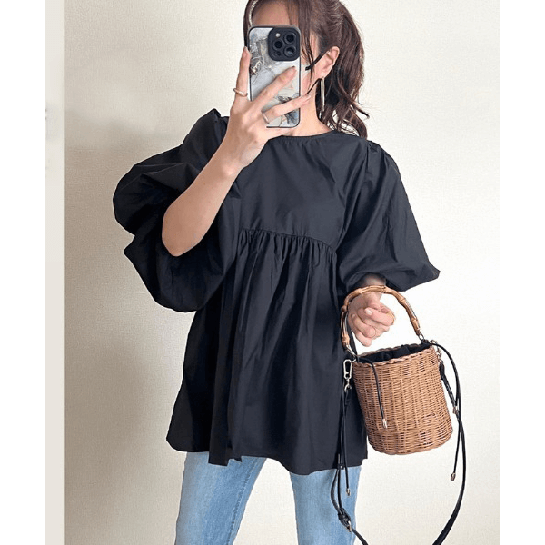 燈籠袖抓皺下襬設計上衣_黑