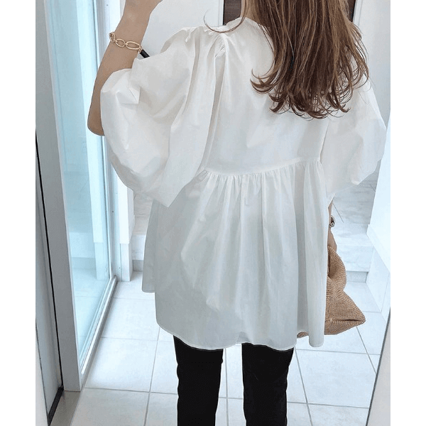 燈籠袖抓皺下襬設計上衣_粉紅