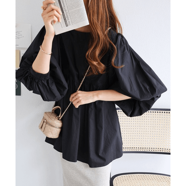 燈籠袖抓皺下襬設計上衣_黑