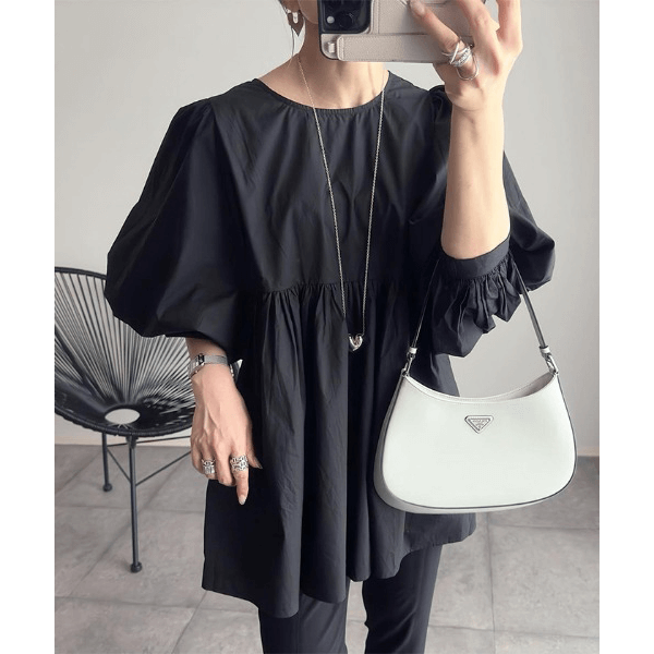 燈籠袖抓皺下襬設計上衣_黑