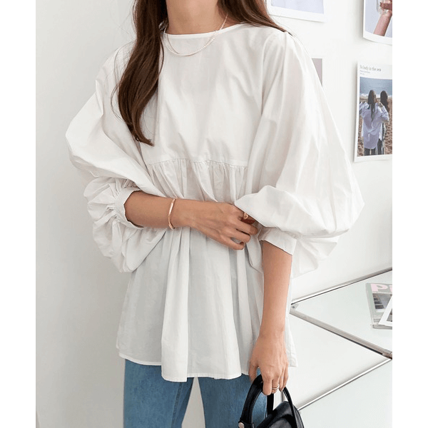 燈籠袖抓皺下襬設計上衣_米白