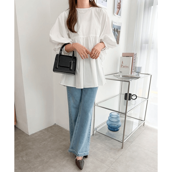 燈籠袖抓皺下襬設計上衣_米白