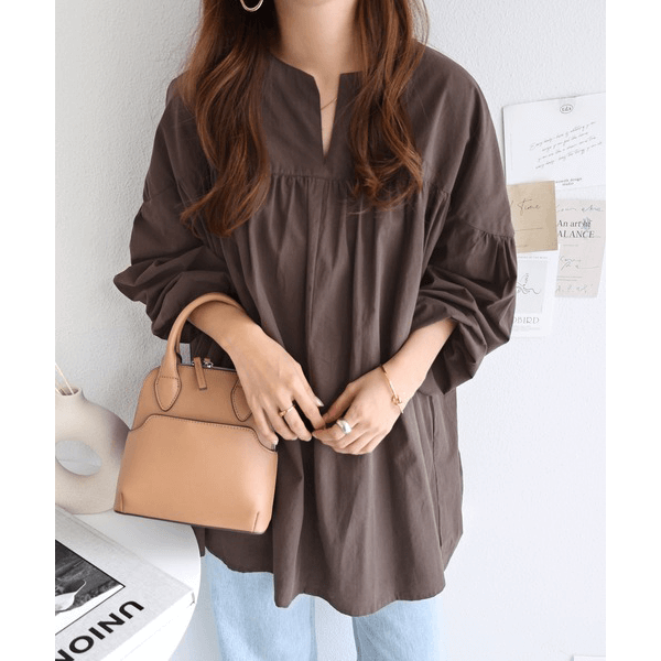 水洗棉A字型長版造型衫_棕色