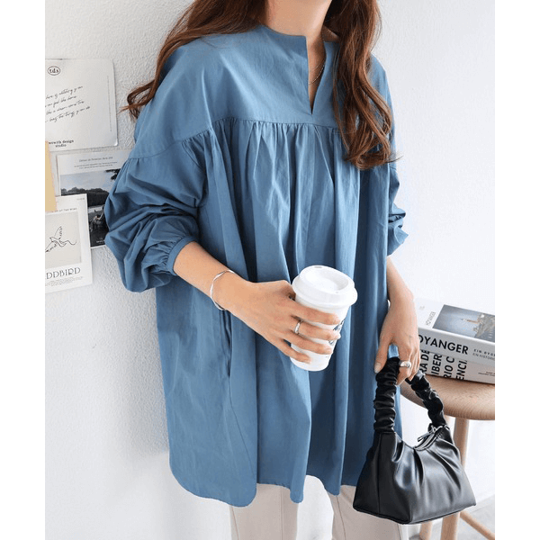 水洗棉A字型長版造型衫_藍