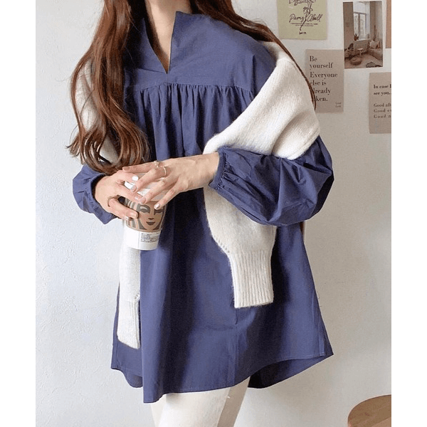 水洗棉A字型長版造型衫_海軍藍