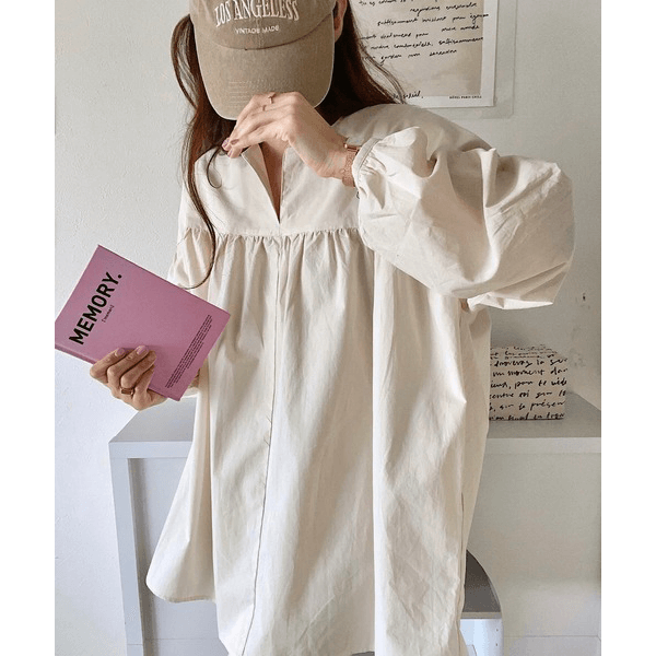 水洗棉A字型長版造型衫_米色
