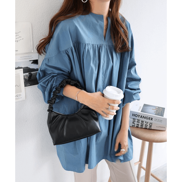 水洗棉A字型長版造型衫_藍