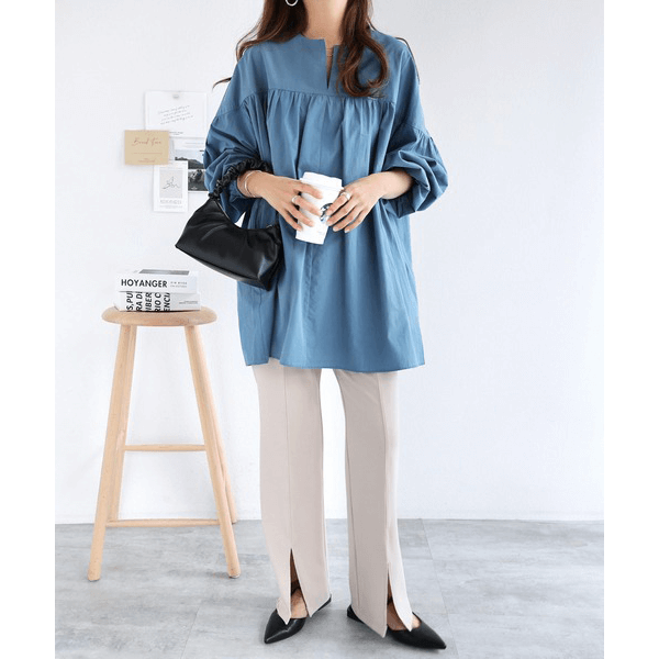 水洗棉A字型長版造型衫_藍