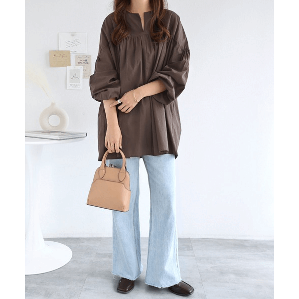 水洗棉A字型長版造型衫_棕色