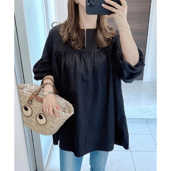 水洗棉A字型長版造型衫_黑