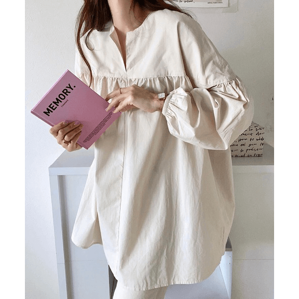 水洗棉A字型長版造型衫_米色