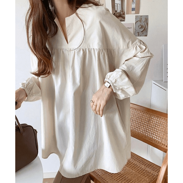 水洗棉A字型長版造型衫_米色
