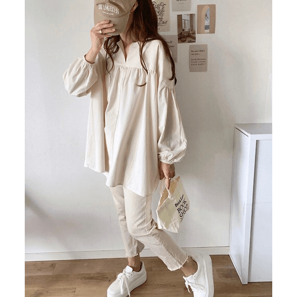 水洗棉A字型長版造型衫_米色